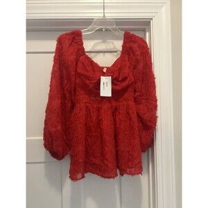 New Jodifl Cherry Red 3/4 sleeve ruffled babydoll blouse Size Small Preppy Flirt